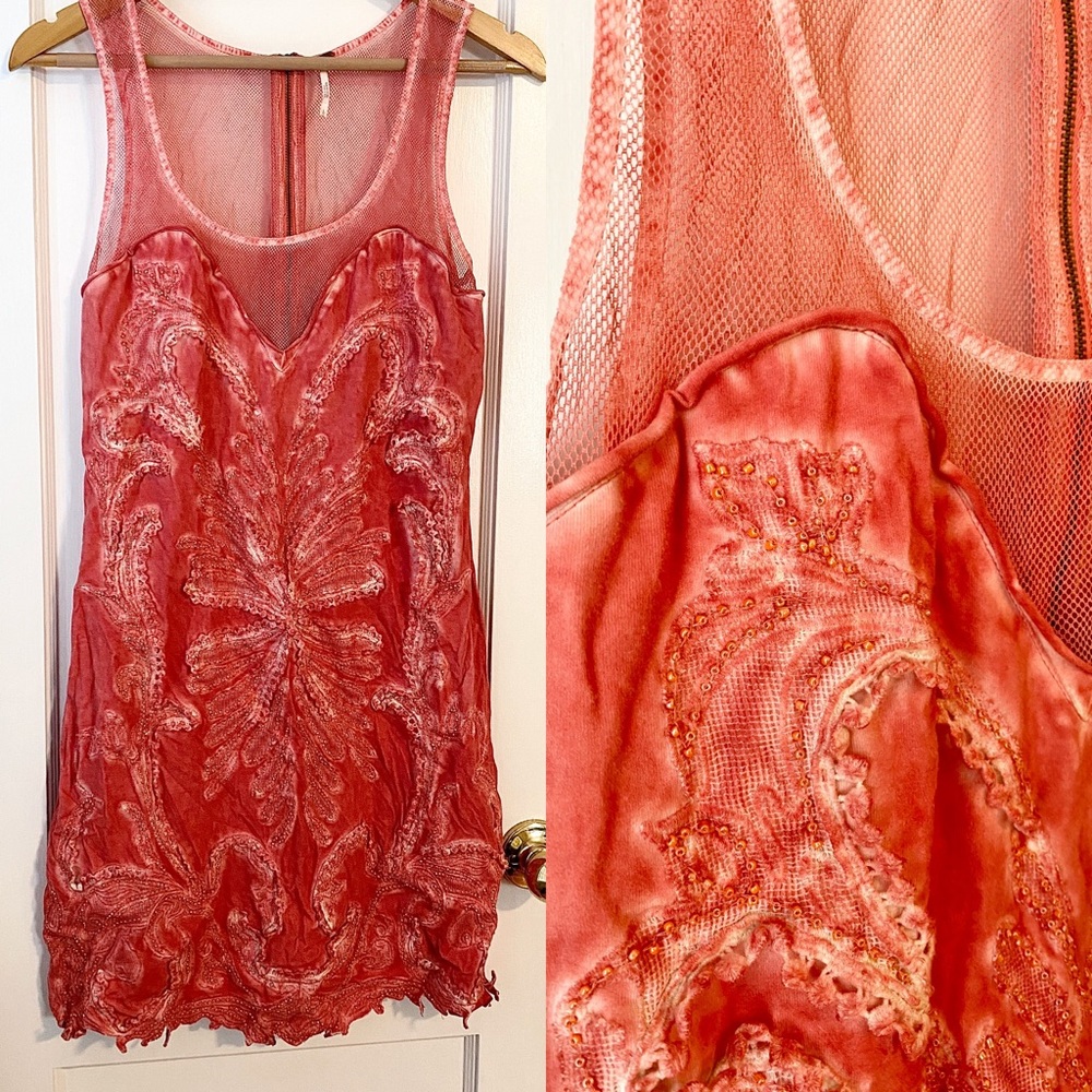 Free People red mesh and beaded dress size L